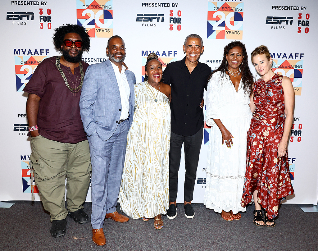 (Left-right) Questlove, Floyd Rance, Stephanie T Rance, Barack Obama, Michelle Obama, and Margaret Brown attend the premiere of Netflix’s Descendant during the Martha’s Vineyard African-American Film Festival at MV Performing Arts Center in Edgartown, Massachusetts. – AFP