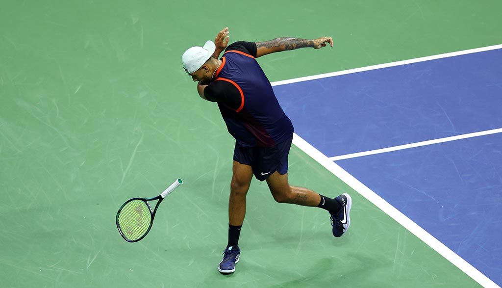 NEW YORK: Nick Kyrgios of Australia throws his racket to the ground against Daniil Medvedev of Russia during their Men's Singles Fourth Round match on Day Seven of the 2022 US Open at USTA Billie Jean King National Tennis Center on September 04, 2022. - AFP