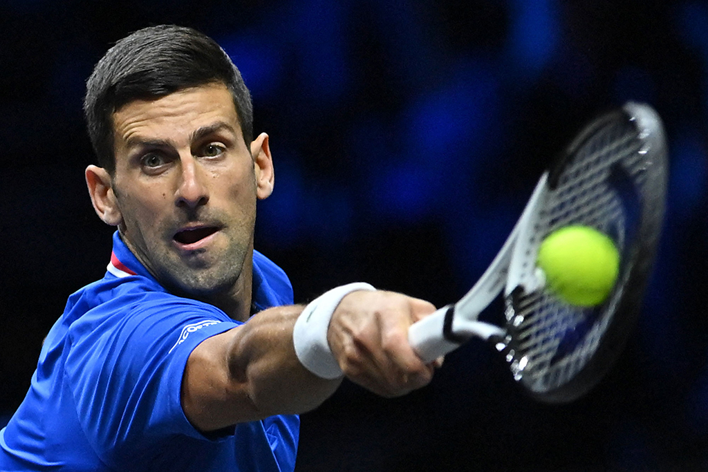 LONDON: Serbia's Novak Djokovic of Team Europe returns the ball to Canada's Felix Auger-Aliassime of Team World during their 2022 Laver Cup men's singles tennis match at the O2 Arena in London on September 25, 2022. - AFP