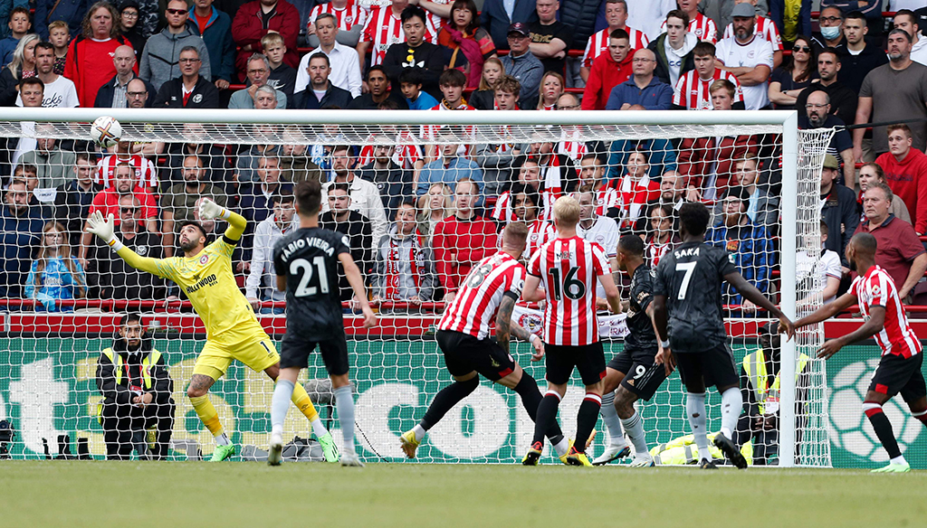 LONDON: Arsenal’s Brazilian striker Gabriel Jesus (3rd right) scores the team’s second goal during the English Premier League football match between Brentford and Arsenal on September 18, 2022. - AFP