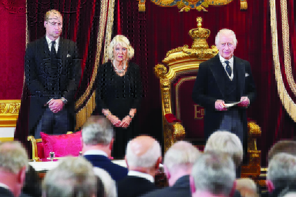 LONDON: Prince William, Prince of Wales and Camilla, Queen Consort listen as King Charles III speaks during a meeting of the Accession Council in the Throne Room inside St James' Palace on Sept 10, 2022. - AFP