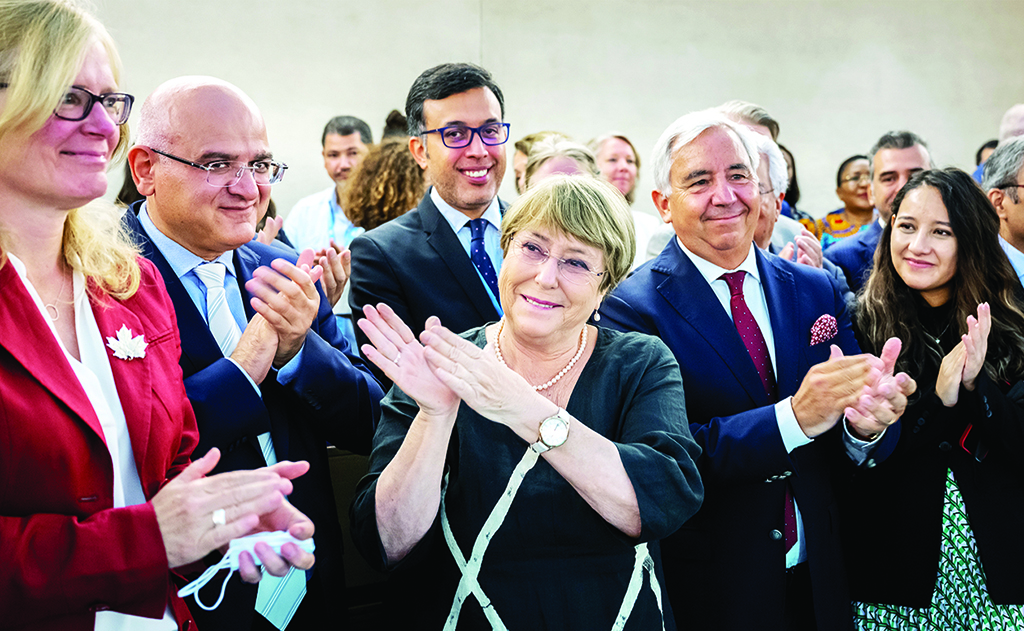 GENEVA: Outgoing UN High Commissioner Michelle Bachelet is greeted by the representatives during a farewell at the United Nations on Aug 30, 2022. - AFP