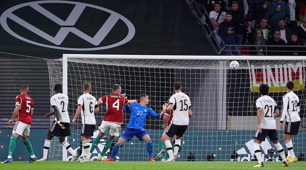 LEIPZIG: Germany’s goalkeeper Marc-Andre Ter Stegen (5th left) watches the ball flying into the back of the net as Hungary’s forward Adam Szalai (not in picture) scored the 0-1 goal during the UEFA Nations League football match between Germany and Hungary in Leipzig on September 23, 2022. – AFP