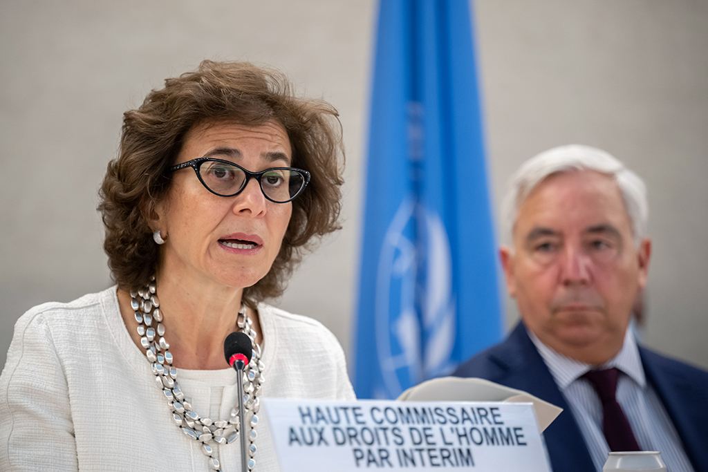GENEVA: United Nations Acting High Commissioner for Human Rights Nada al-Nashif delivers a speech next to Human Rights Council (HCR) President Federico Villegas during the opening day of the 51st session of the UN Human Rights Council at the UN offices in Geneva. –  AFP
