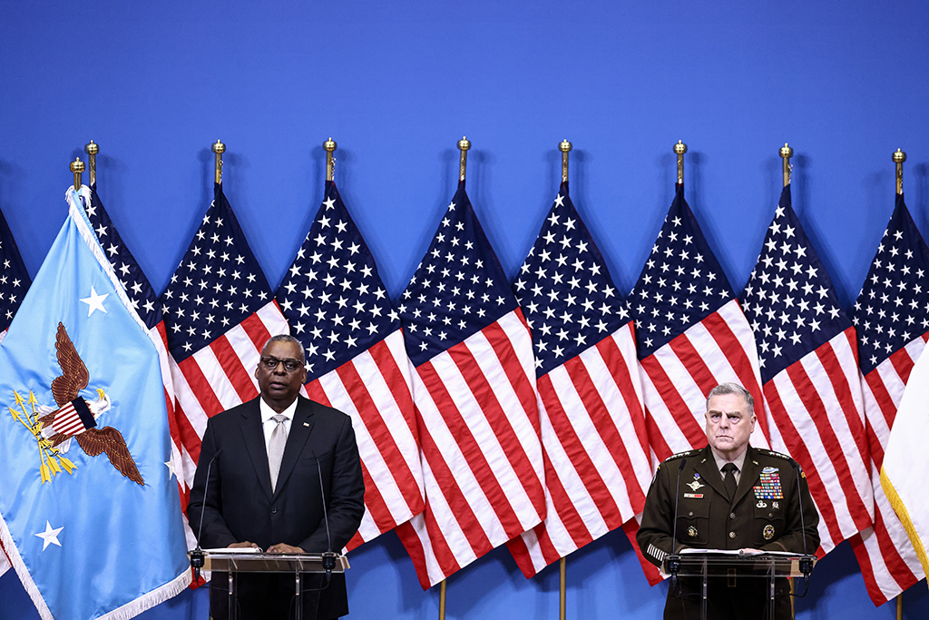 BRUSSELS, Belgium: US Secretary of Defense Lloyd Austin (L) and US Chairman of the Joint Chiefs of Staff, General Mark Milley give a press conference after a meeting of the Ukraine Defense Contact Group during a two-day meeting of the alliance's Defence Ministers at the NATO Headquarter in Brussels. – AFP