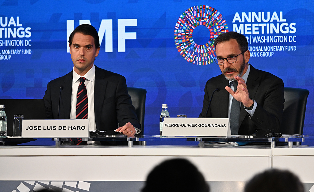 WASHINGTON: International Monetary Fund (IMF) chief economist Pierre-Olivier Gourinchas speaks at a press conference with IMF communications officer Jose Luis De Haro during the World Bank/IMF annual meeting at IMF headquarters in Washington, DC, on October 11, 2022. – AFP