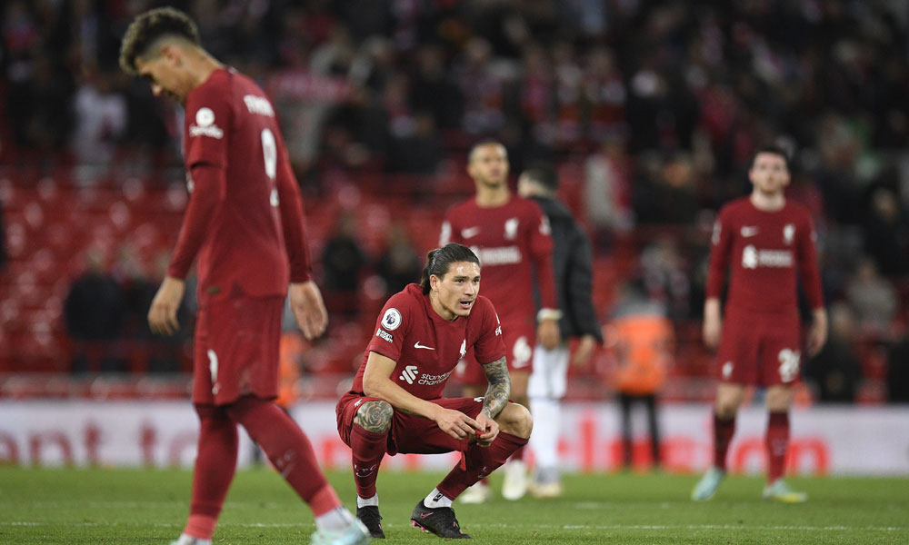 Liverpool's Uruguayan striker Darwin Nunez looks on after the final whistle of the English Premier League football match between Liverpool and Leeds United at Anfield in Liverpool, north west England on October 29, 2022.