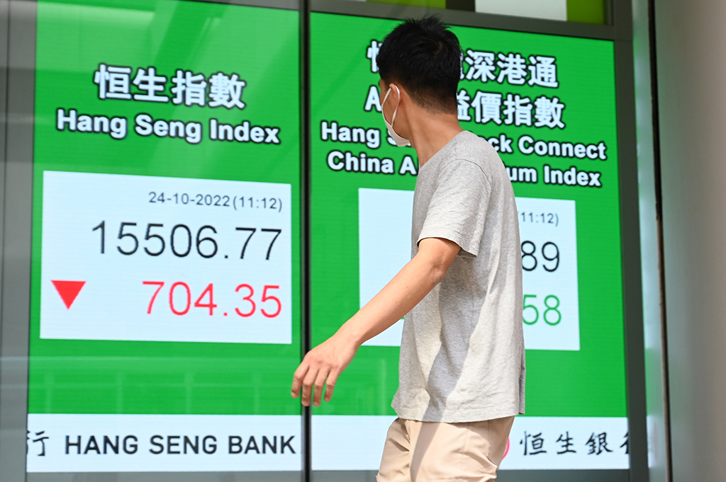 HONG KONG: A pedestrian passes a sign showing the numbers for the Hang Seng Index in Hong Kong on October 24, 2022.— AFP