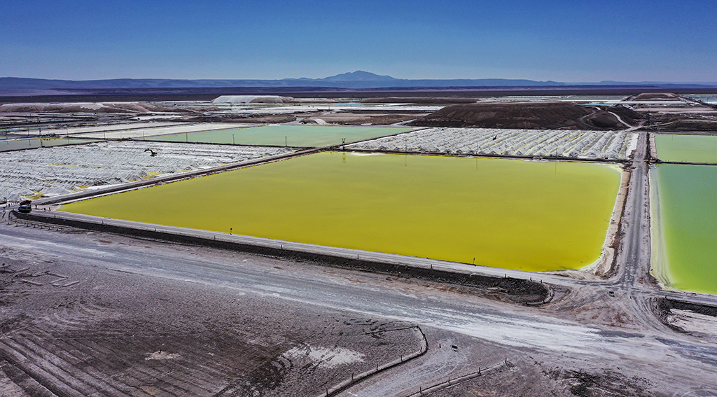 CALAMA, Chile: Aerial view of brine ponds and processing areas of the lithium mine of the Chilean company SQM (Sociedad Quimica Minera) in the Atacama Desert, Calama, Chile, on September 12, 2022. -- AFP