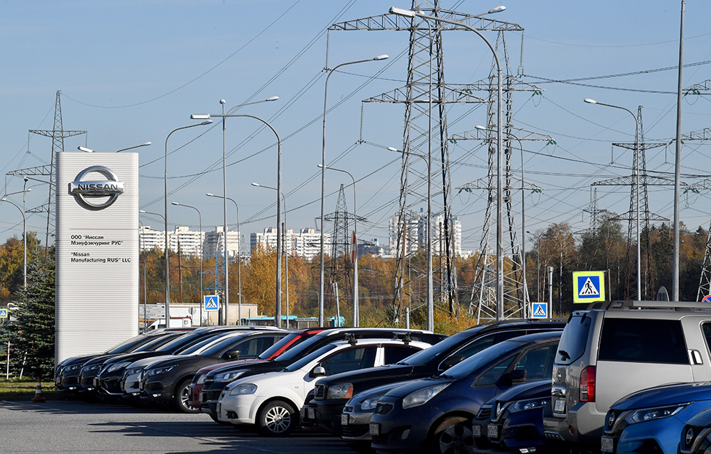 SAINT PETERSBURG: Cars are seen at a parking lot of a Nissan factory on the outskirts of Saint Petersburg on October 11, 2022. - AFP