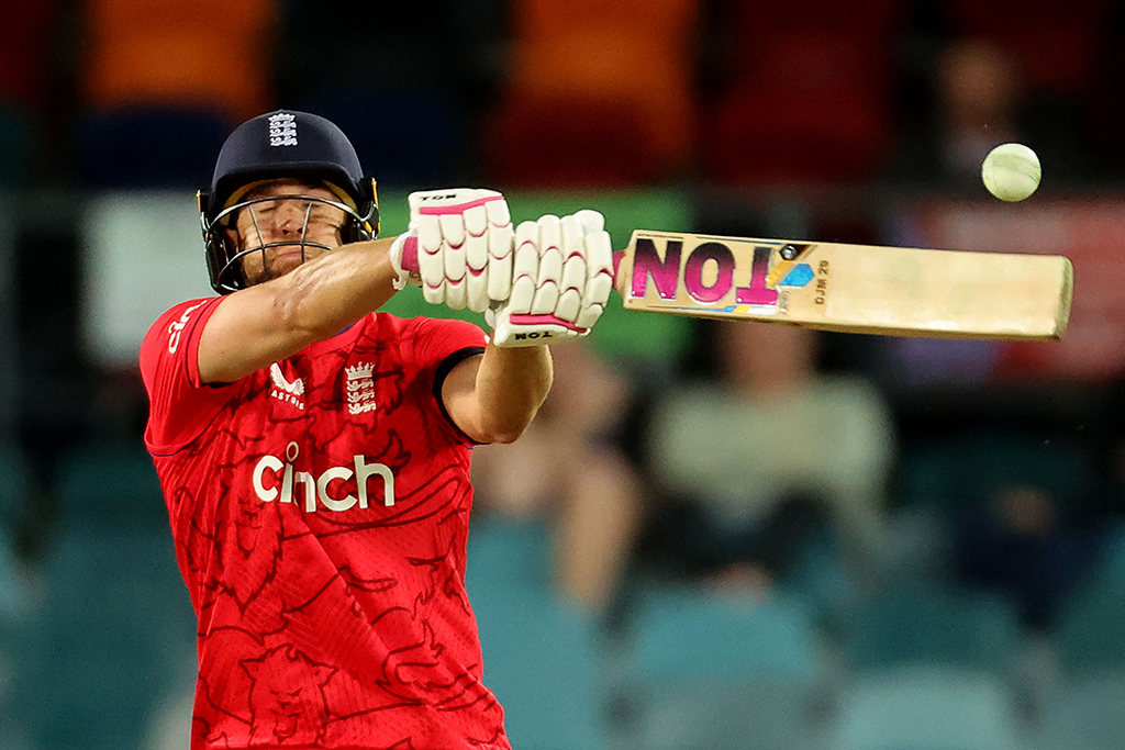 CANBERRA: England’s Dawid Malan plays a shot during the second cricket match of the Twenty20 series between Australia and England at Manuka Oval in Canberra on October 12, 2022.- AFP  