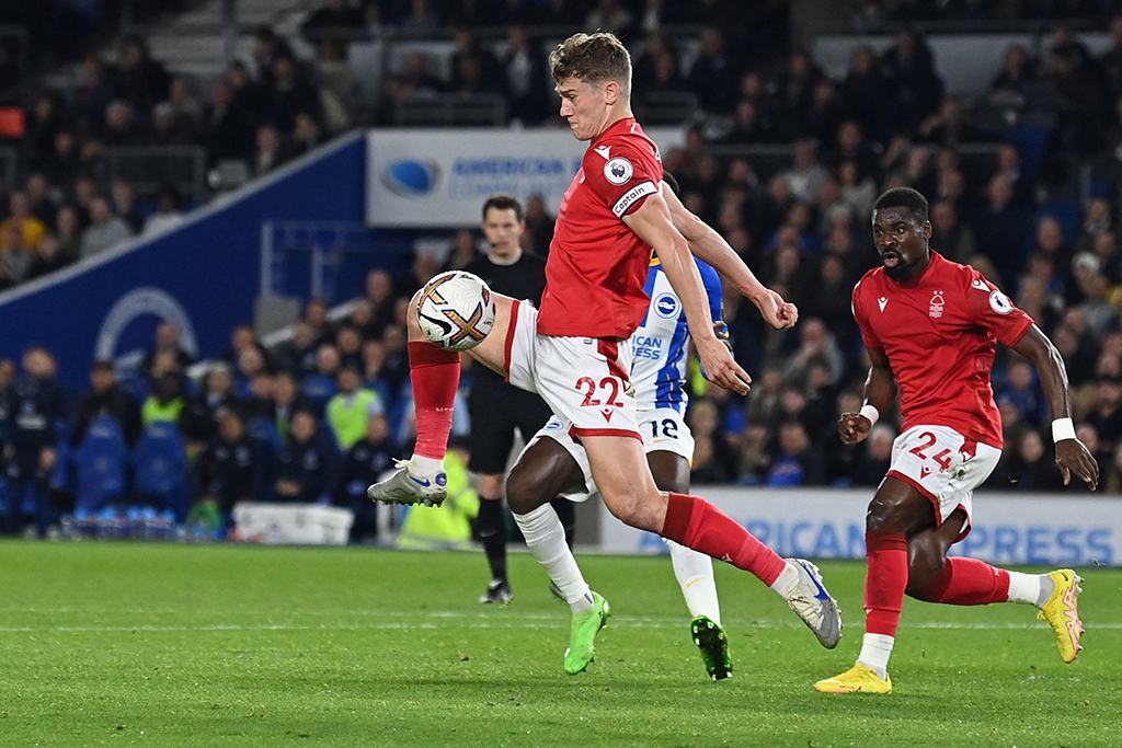 BRIGHTON: Nottingham Forest's English midfielder Ryan Yates controls the ball during the English Premier League football match between Brighton and Hove Albion and Nottingham Forest on October 18, 2022. - AFP