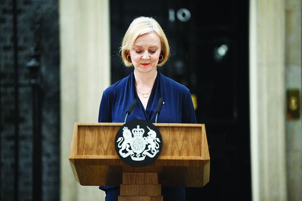 LONDON: Britain's Prime Minister Liz Truss delivers a speech outside 10 Downing Street on Oct 20, 2022 to announce her resignation. - AFP