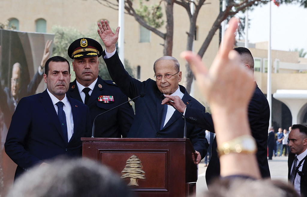 BAABDA, Lebanon: Lebanon's President Michel Aoun waves to his supporters in front of the presidential palace before delivering a speech to mark the end of his mandate on Oct 30, 2022. - AFP