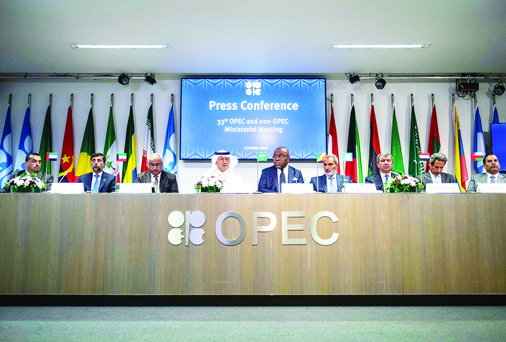 VIENNA: Representatives of OPEC member countries, including Kuwaiti Oil Minister Mohammed Al-Fares, attend a press conference on Oct 5, 2022. – AFP