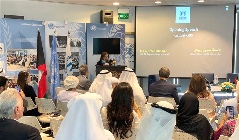 Nisreen Rubaian, Representative of UNHCR in Kuwait speaks during the event. - KUNA