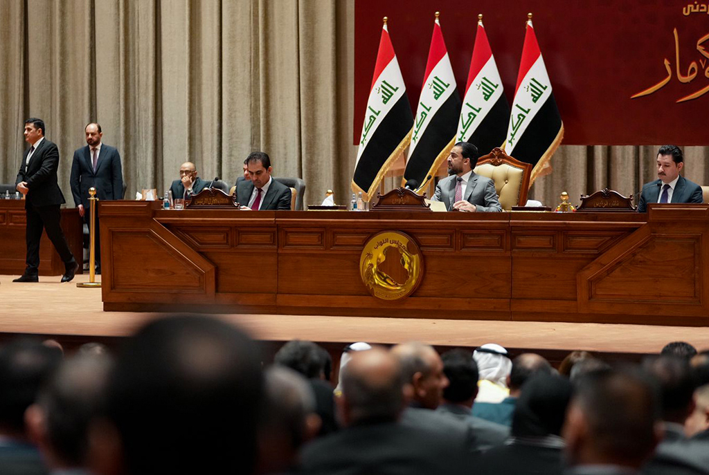 BSGHDAD: A handout picture released by the Iraqi Parliament, shows Iraq's Parliament Speaker Mohamed al-Halbusi heading a session during which as new president is due to be elected, in the capital Baghdad. – AFP