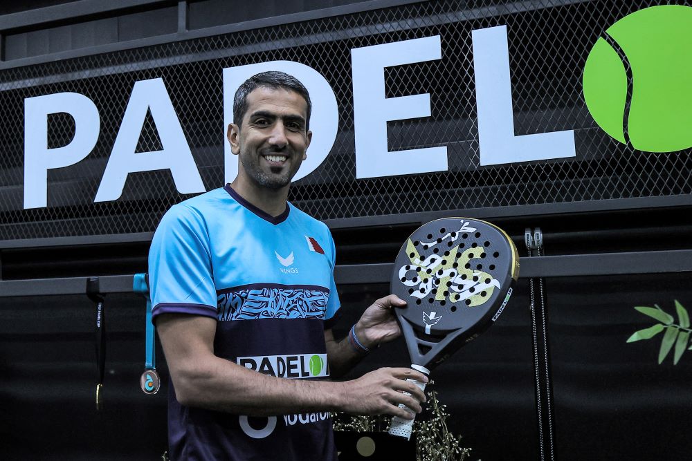 DOHA: Mohammed Saadon Alkuwari of Qatar poses for a photo after a match in the Doha 2022 Men's Gulf Padel Cup championship on June 19, 2022. - AFP