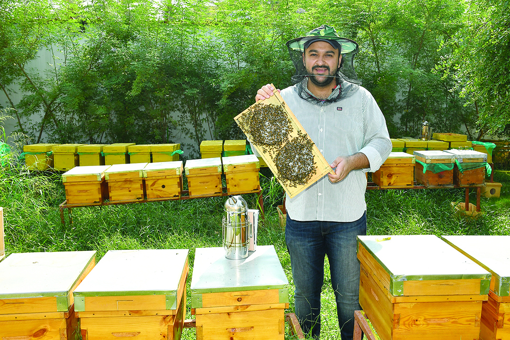KUWAIT: Beekeeper Salem Al-Omi with his beehives. - KUNA photos