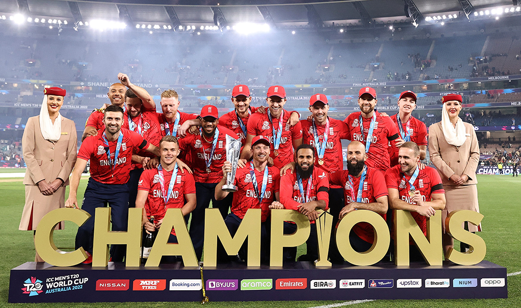 MELBOURNE, Australia: England players celebrate winning the ICC men's Twenty20 World Cup 2022 Final between Pakistan and England at Melbourne Cricket Ground (MCG) in Melbourne on November 13, 2022. – AFP