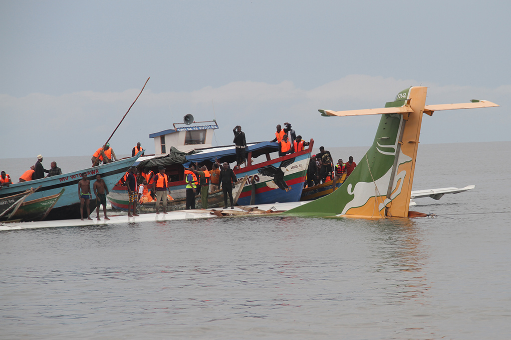 BUKOBA, Tanzania: Rescuers search for survivors after a Precision Air flight that was carrying 43 people plunged into Lake Victoria as it attempted to land in the lakeside town of Bukoba, Tanzania. - AFP