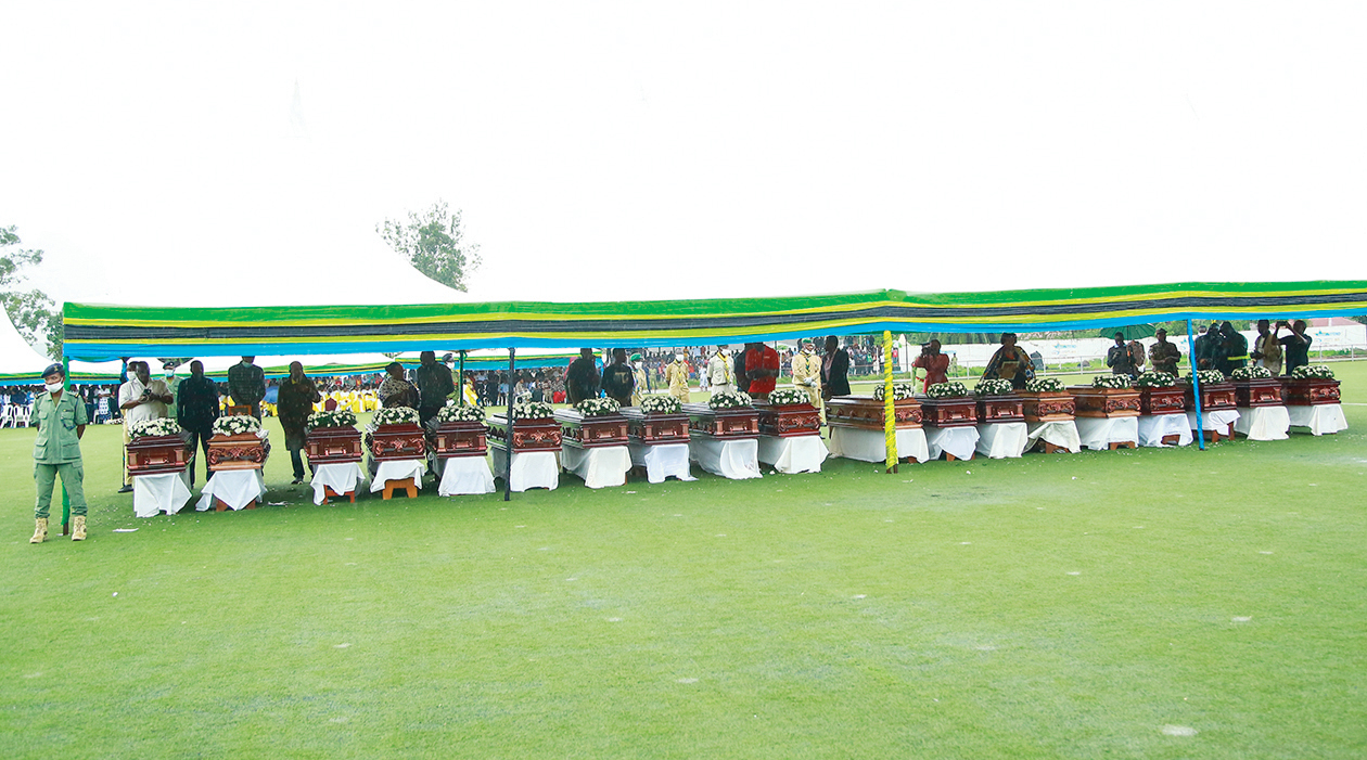 BUKOBA, Tanzania: Caskets of victims of a passenger plane that plunged into Lake Victoria are seen at the Kaitaba Stadium in Bukoba on November 7, 2022, during a ceremony to hand over the bodies of the victims to their families. - AFP