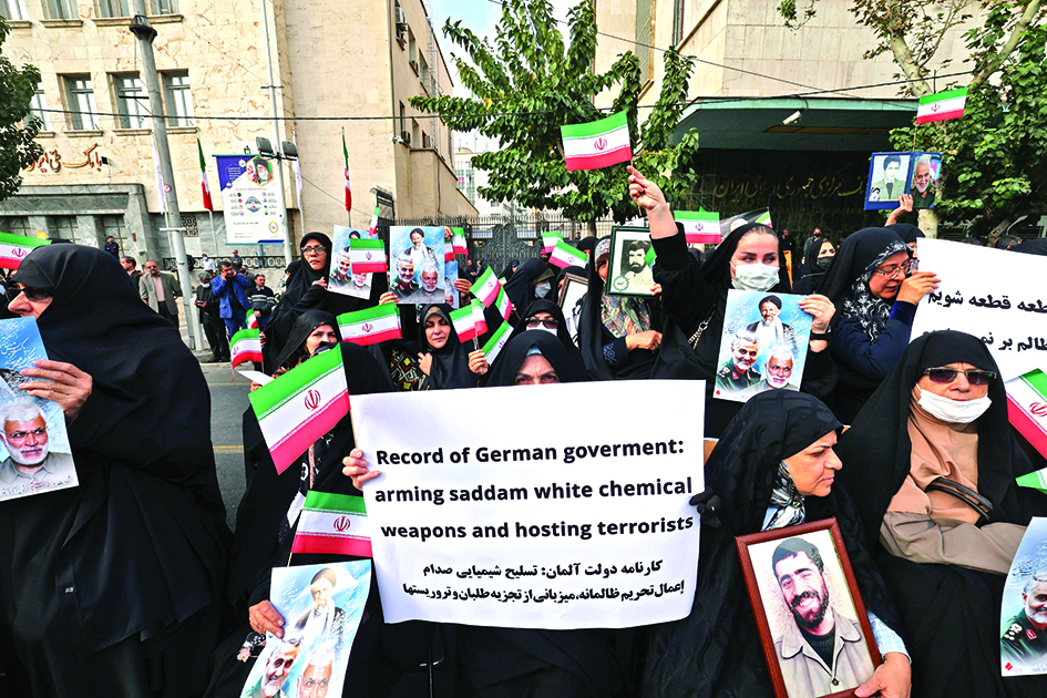 TEHRAN: Women protesters gather for an anti-German demonstration, condemning Germany's support of Berlin-based Iranian opposition TV stations and anti-government protests in Iran. - AFPn