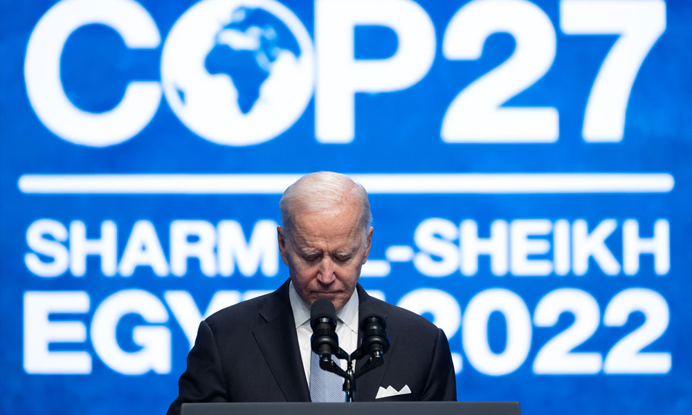 US President Joe Biden delivers a speech during the COP27 climate conference in Egypt's Red Sea resort city of Sharm el-Sheikh