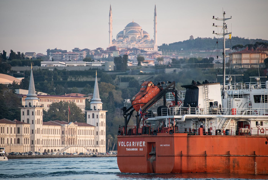The Russia-flagged vessel Volga River Taganrog oil tanker passes south through the Bosphorus Straits.