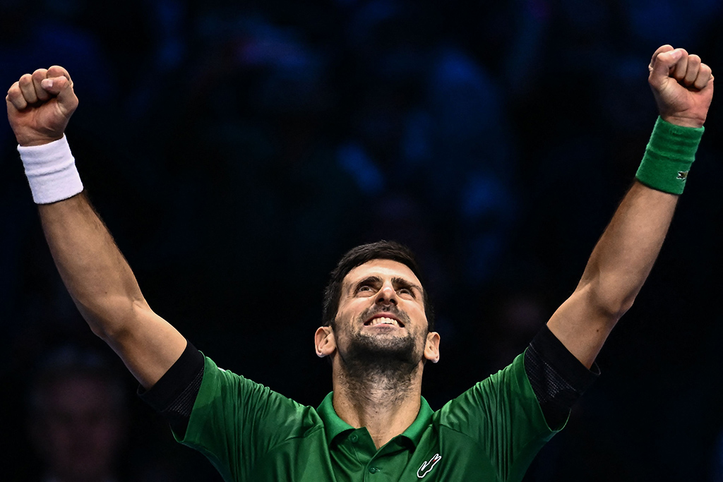 TURIN: Serbia’s Novak Djokovic celebrates after winning his men’s single final match against Norway’s Casper Ruud on November 20, 2022. – AFP