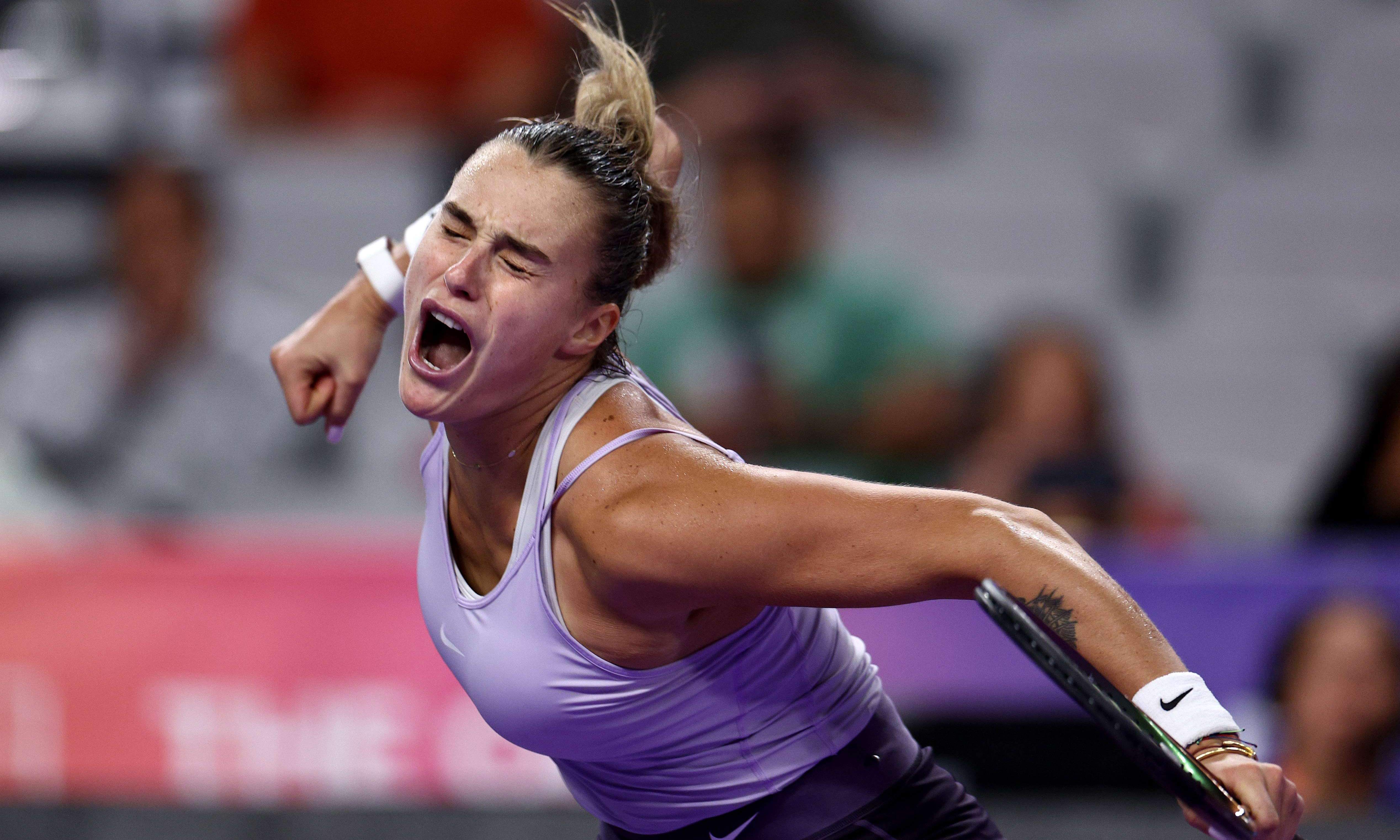 TEXAS: Aryna Sabalenka of Belarus celebrates after defeating Jessica Pegula of the United States in their Women’s Singles Group Stage match during the 2022 WTA Finals, part of the Hologic WTA Tour on November 04, 2022.— AFP