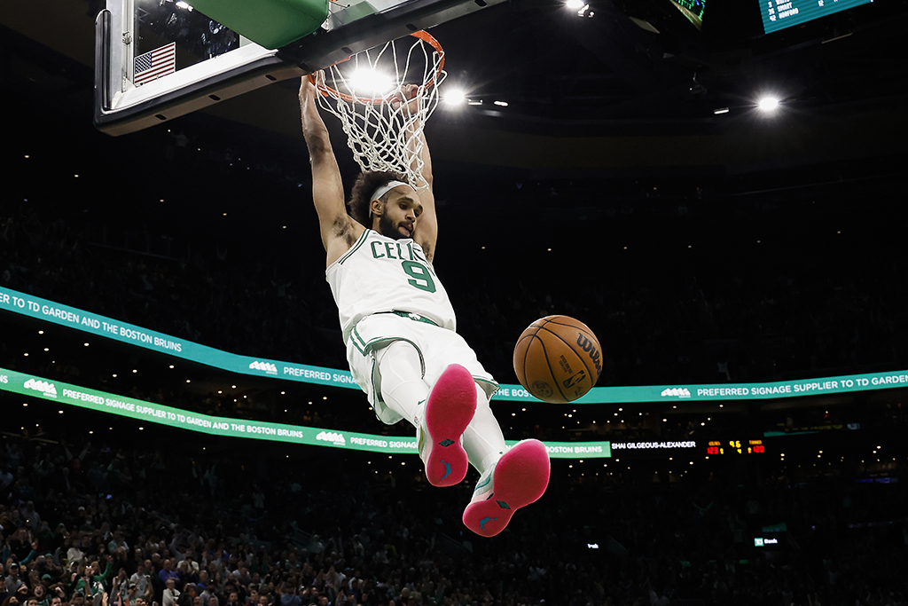 BOSTON: Derrick White #9 of the Boston Celtics dunks during the second half against the Oklahoma City Thunder at TD Garden on November 14, 2022.- AFP