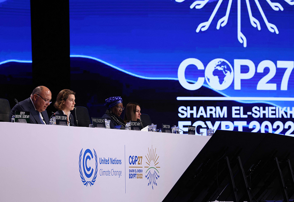 SHARM EL SHEIKH: Egypt's Foreign Minister Sameh Shukri heads the closing session of the COP27 climate conference at the Sharm el-Sheikh International Convention Centre on Nov 20, 2022. – AFP