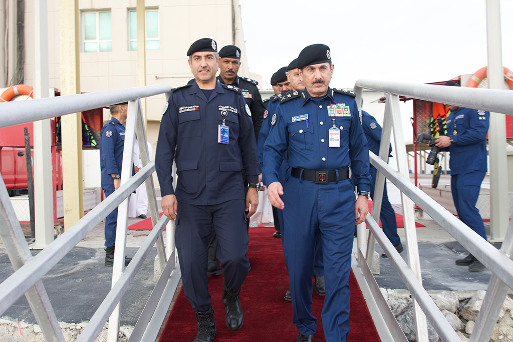 KUWAIT: Fire Force chief Lieutenant General Khaled Al-Mekrad with officers during the launch of the new Munjed 2 boat.