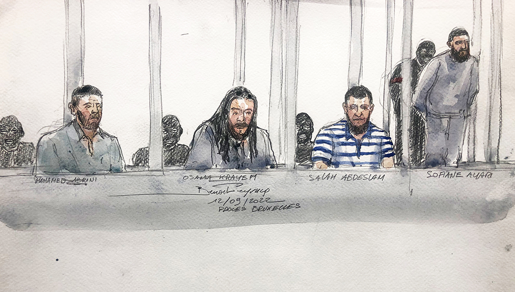 BRUSSELS, Belgium: File photo shows a court-sketch made on September 12, 2022, showing defendants Sofiane Ayari (R), Salah Abdeslam (2nd R), Osama Krayem (2nd L) and Mohamed Abrini (L) during the opening of the preliminary hearing in trial of suspects in the March 2016 jihadist attacks, in Brussels. – AFP