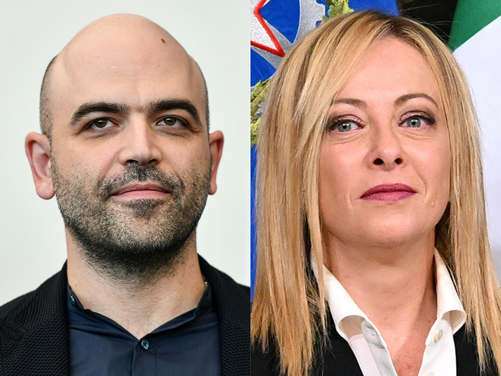 ROME: (COMBO) This combination of pictures created on November 12, 2022 shows Italian journalist Roberto Saviano (left), known for his fight against the mafia, is facing a defamation lawsuit on November 15, 2022 from Giorgia Meloni, Italy's current prime minister. - AFP