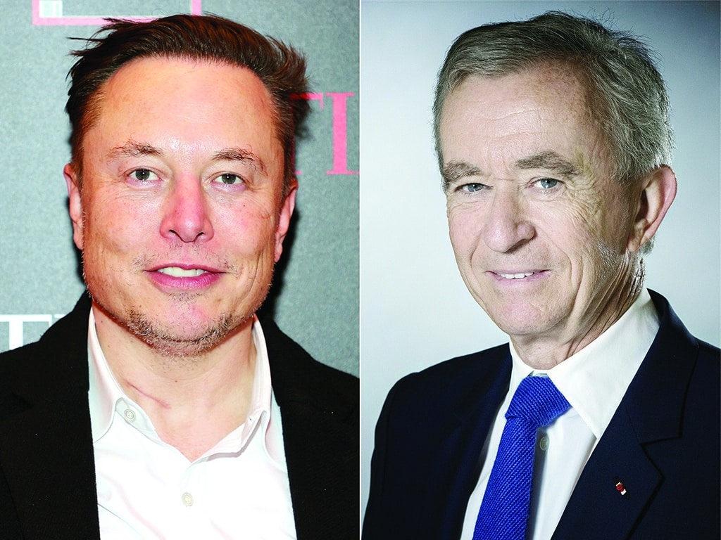 This combination of pictures shows (From left) a file photo of Elon Musk as he attends TIME Person of the Year in New York City and a file photo of CEO of LVMH Bernard Arnault as he poses during a photo session in Paris.- AFP photos