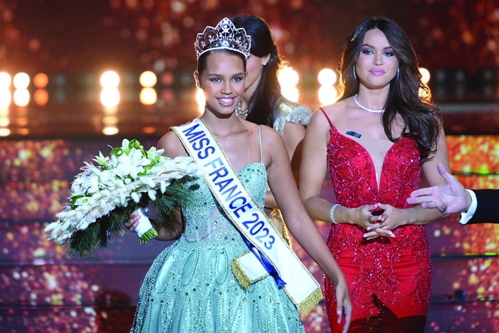 Newly elected Miss France Indira Ampiot reacts during the Miss France 2023 beauty contest in Deols.