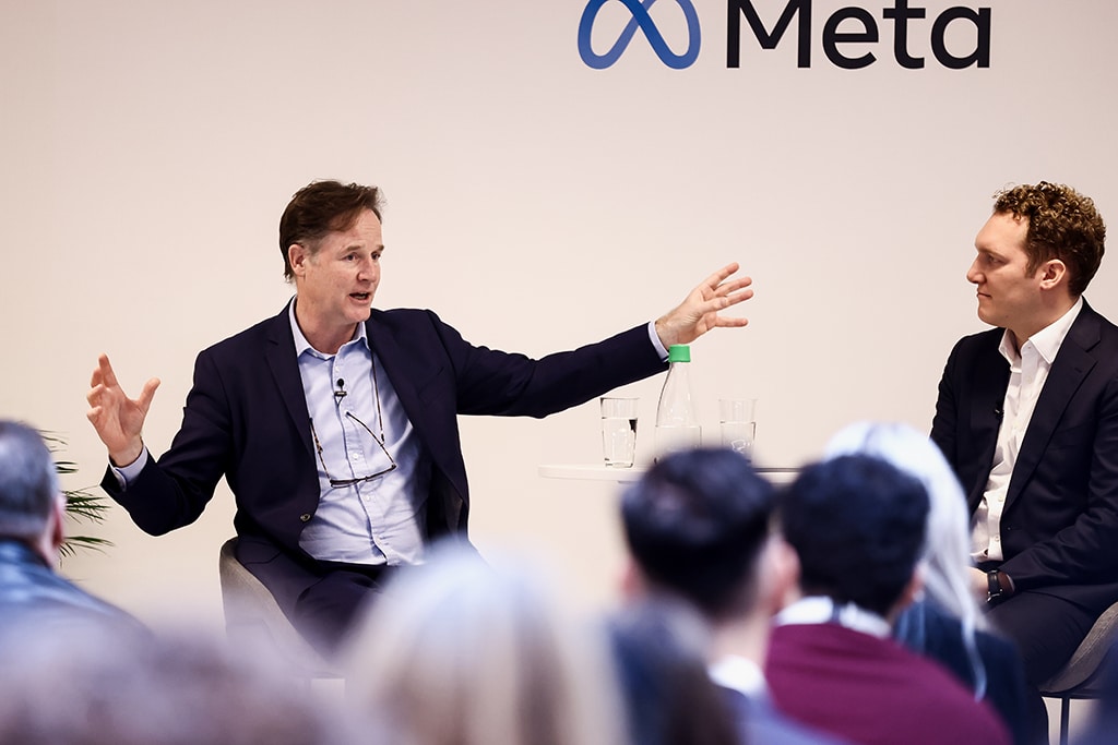 BRUSSELS: Meta President Global Affairs Nick Clegg (left) speaks during a press conference at the Meta showroom in Brussels on December 07, 2022. - AFP