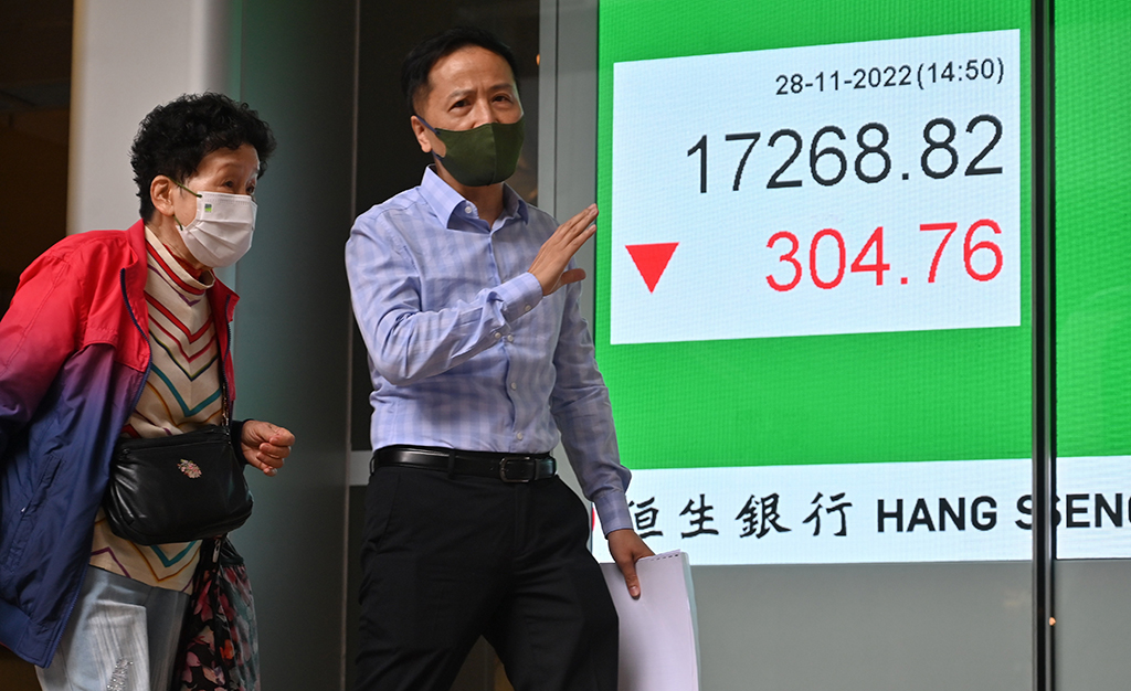 HONG KONG: Pedestrians pass a sign showing the numbers for the Hang Seng Index in Hong Kong.— AFP