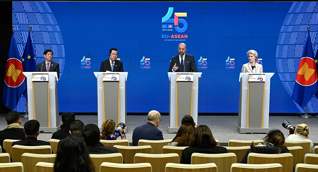 BRUSSELS: (From L to R) Philippines' President Ferdinand Marcos Jr., Cambodian Prime minister Hun Sen, President of the European Council Charles Michel and President of the European Commission Ursula von der Leyen hold a press conference during the EU-ASEAN (Association of Southeast Asian Nations) summit at the European Council headquarters in Brussels. - AFP