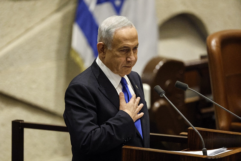 JERUSALEM: Zionist's Prime Minsiter-designate Benjamin Netanyahu presents the new government to parliament at the Knesset in Jerusalem on December 29, 2022 in what analysts described as the most right-wing coalition in Zionist entity's history. - AFP
