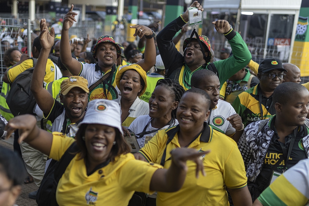 JOHANNESBURG: Delegates sing and chant slogans during the second day of the 55th National Conference of the African National Congress (ANC) at the National Recreation Center (NASREC) in Johannesburg. - AFP