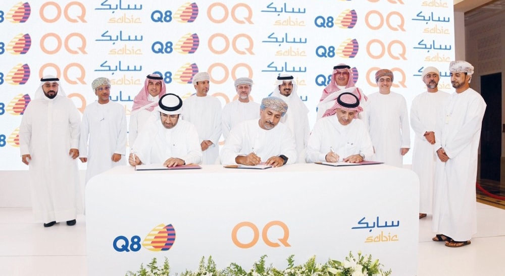 KUWAIT: OQ executive director Talal Al-Awfi, SABIC's executive director Abdulrahman Al-Fageeh and KPI's CEO Shafy Al-Ajmi during the signing of the deal.