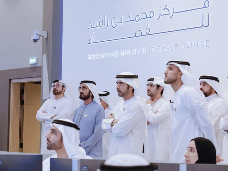 Mohammed bin Rashid and Hamdan bin Mohammed watching the successful launch of the Rashid Rover to the Moon on Sunday at the MBRSC in Dubai.