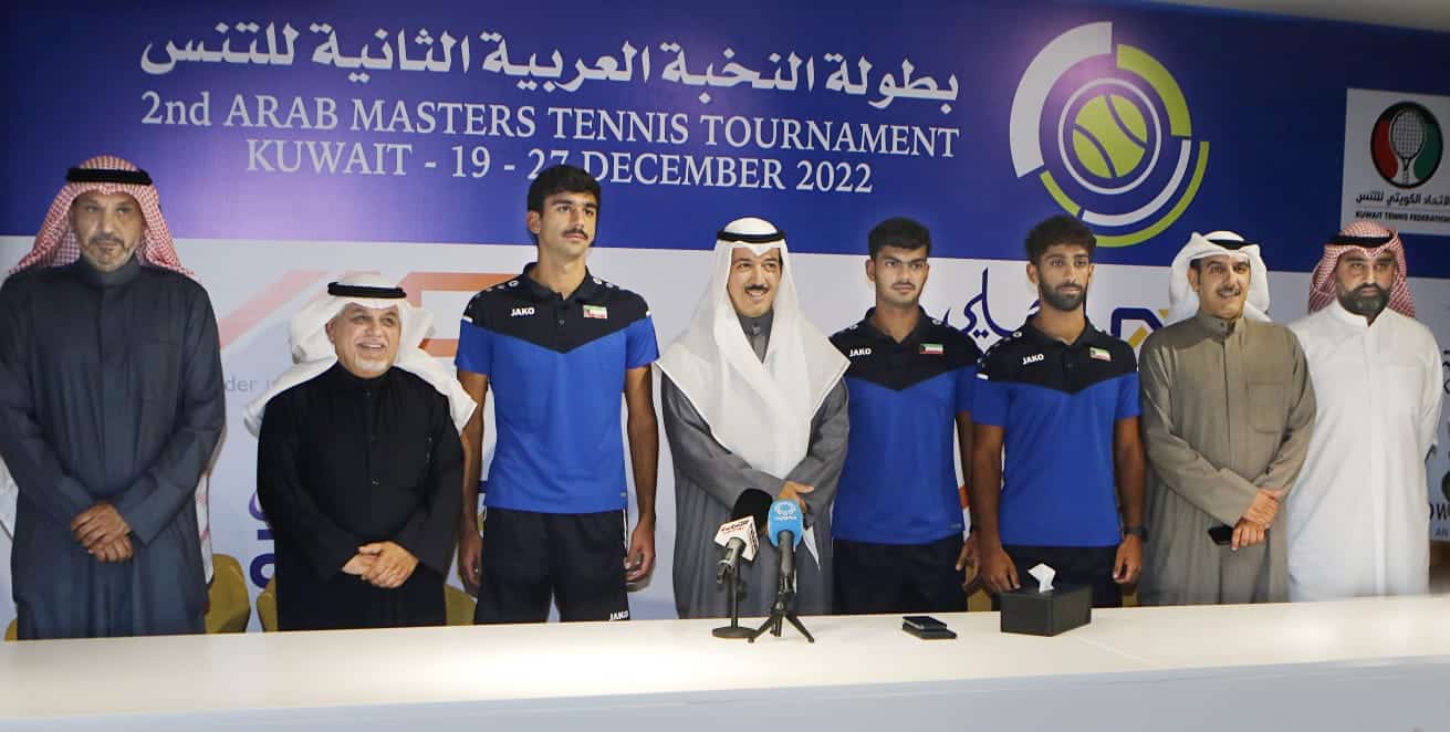 KUWAIT: Top officials and players pose for a group during the press conference at Kuwait Tennis Federation premise. The 2nd Arab Masters Tennis Tournament will start on December 20th. – Photos by Yasser A-Zayyatn