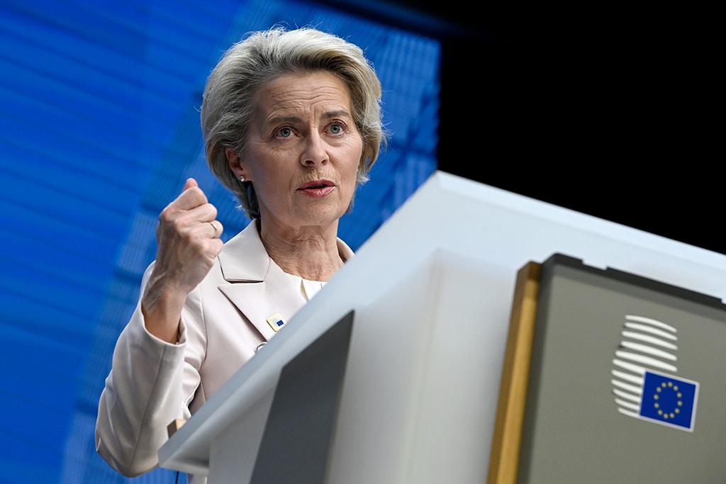 BRUSSELS: European Commission President Ursula von der Leyen speaks during a press conference at the end of the European Council Summit in Brussels. – AFP
