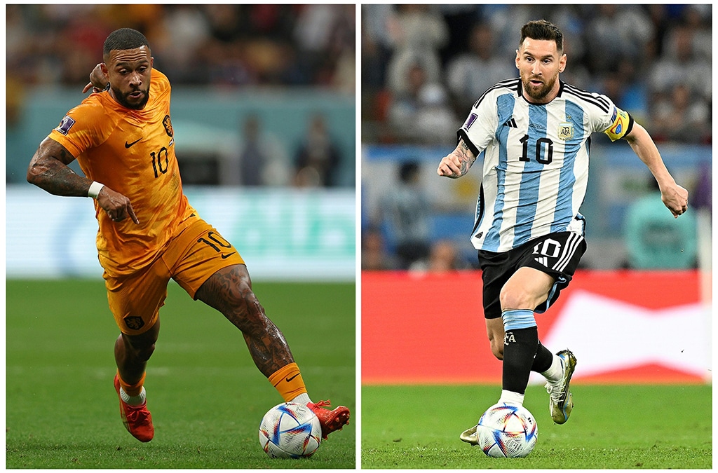 DOHA: This combination of pictures shows a file photo of Netherlands' forward #10 Memphis Depay and Argentina's forward #10 Lionel Messi during the Qatar 2022 World Cup round of 16 football match. Netherlands and Argentina will meet in one of the quarter-finals of the Qatar 2022 World Cup on December 9. - AFP
