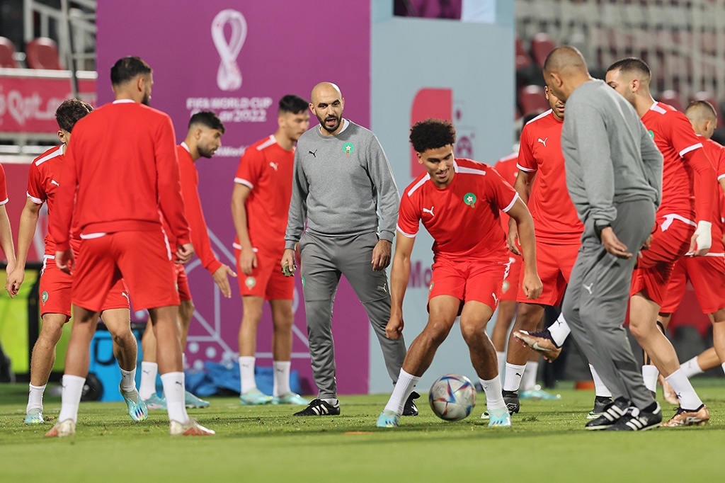 DOHA: Morocco’s coach Walid Regragui (center) attends a training session at the Al Duhail SC Stadium in Doha.- AFP