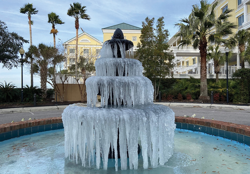 CHARLESTON, South Carolina: Ice adorns a fountain on Dec 24, 2022, as temperatures were forecast to reach a high of 0 C. – AFP  